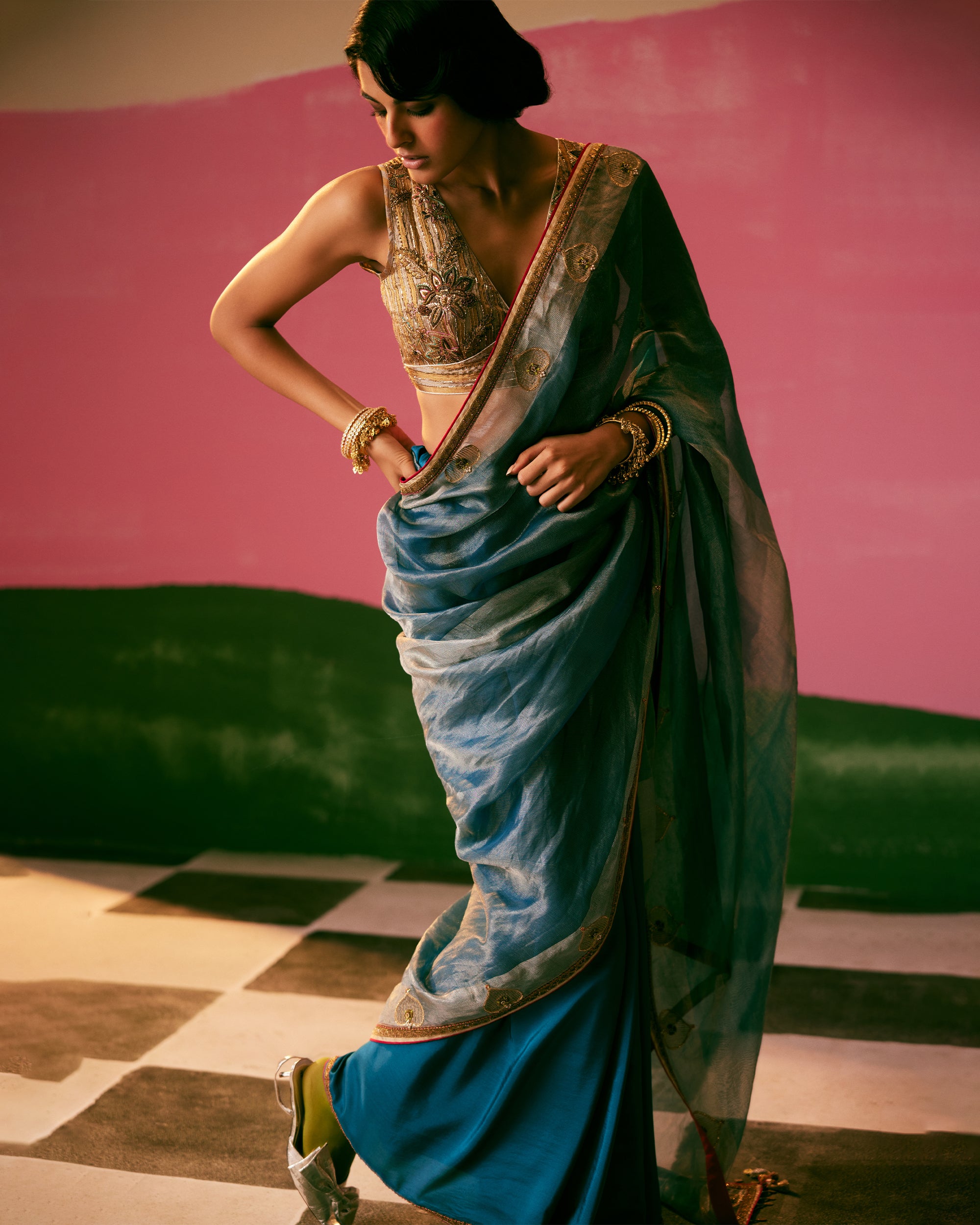 Sakhi Teal Blue Tissue Silk Saree