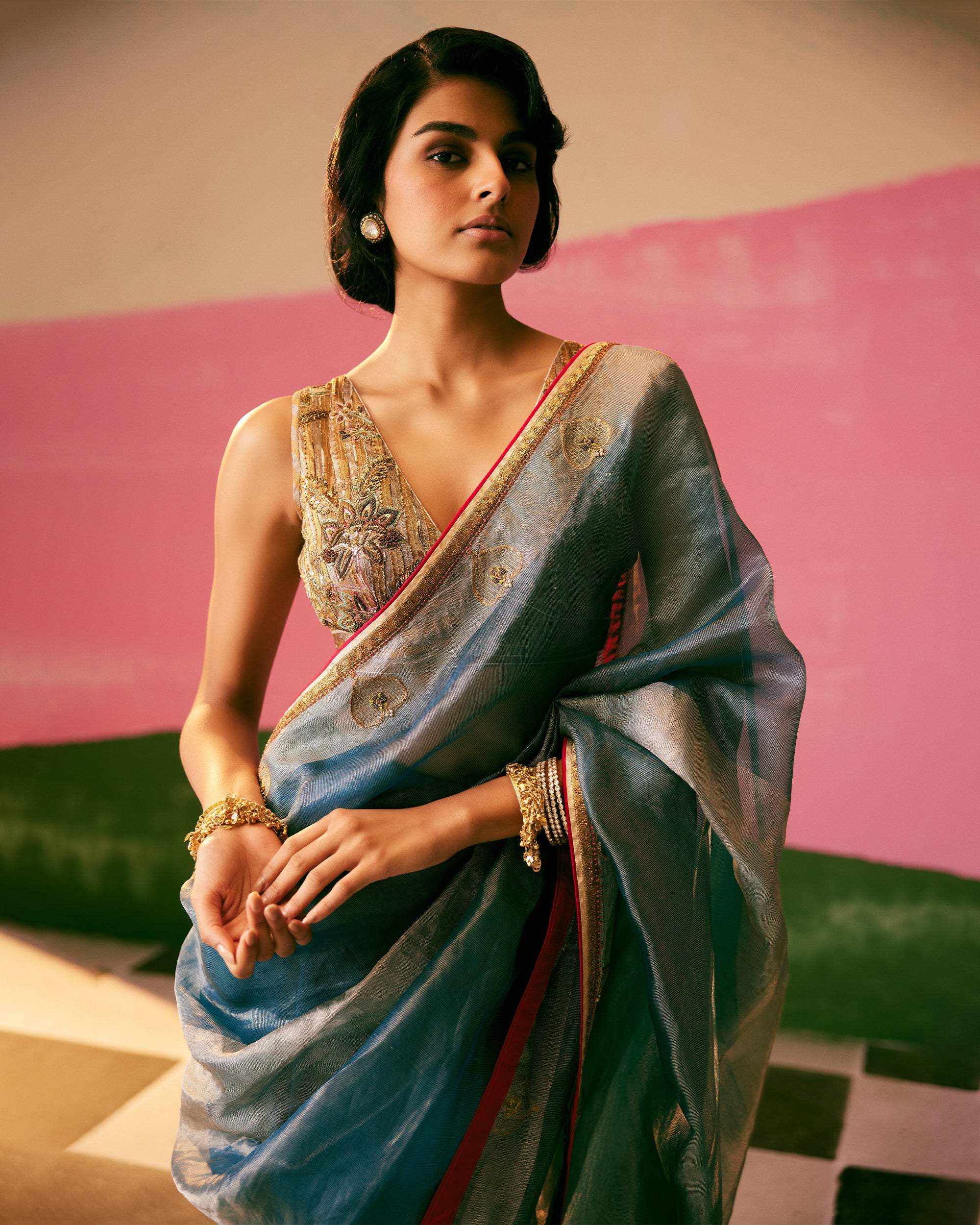 Sakhi Teal Blue Tissue Silk Saree