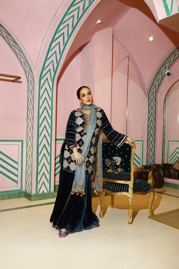 Sanjana Batra Midnight Blue Velvet Gharara Set