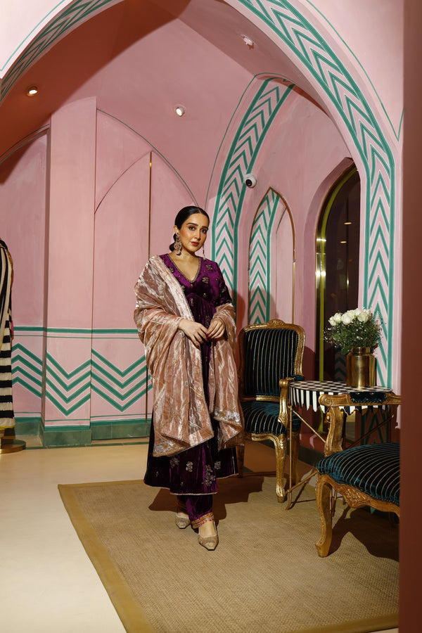 Sanjana Batra Purple Velvet Butti  Kurta Set