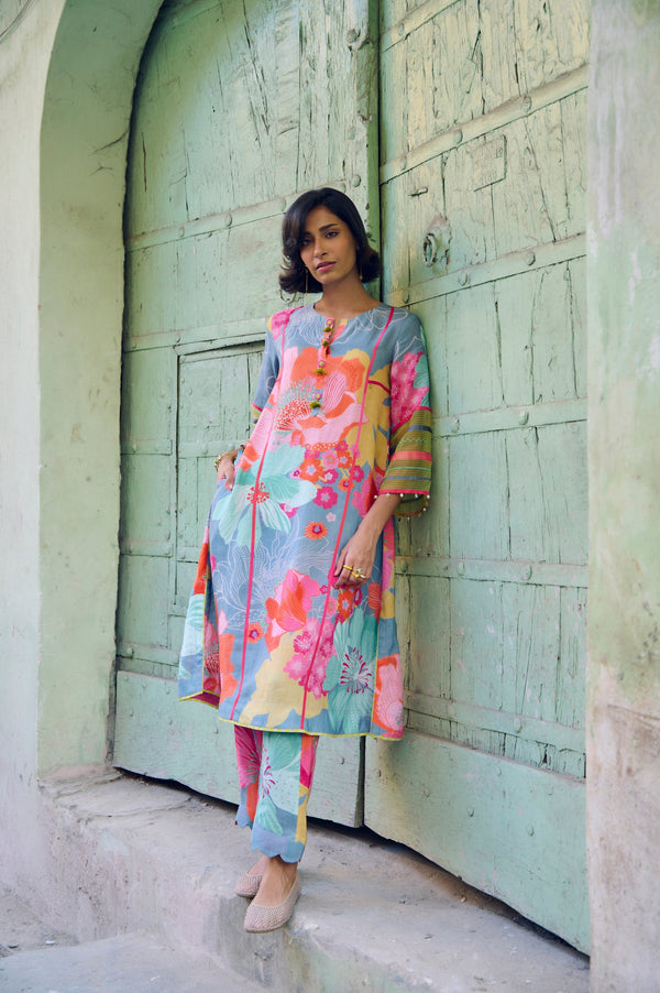 Safar Floral Linen Grey Kurta Set