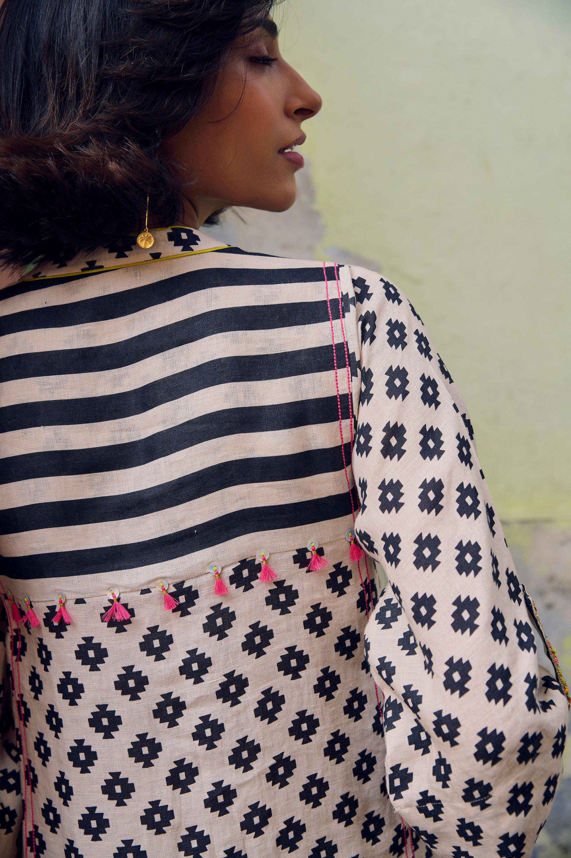 Safar Black And White Panel Print Linen Kurta Set