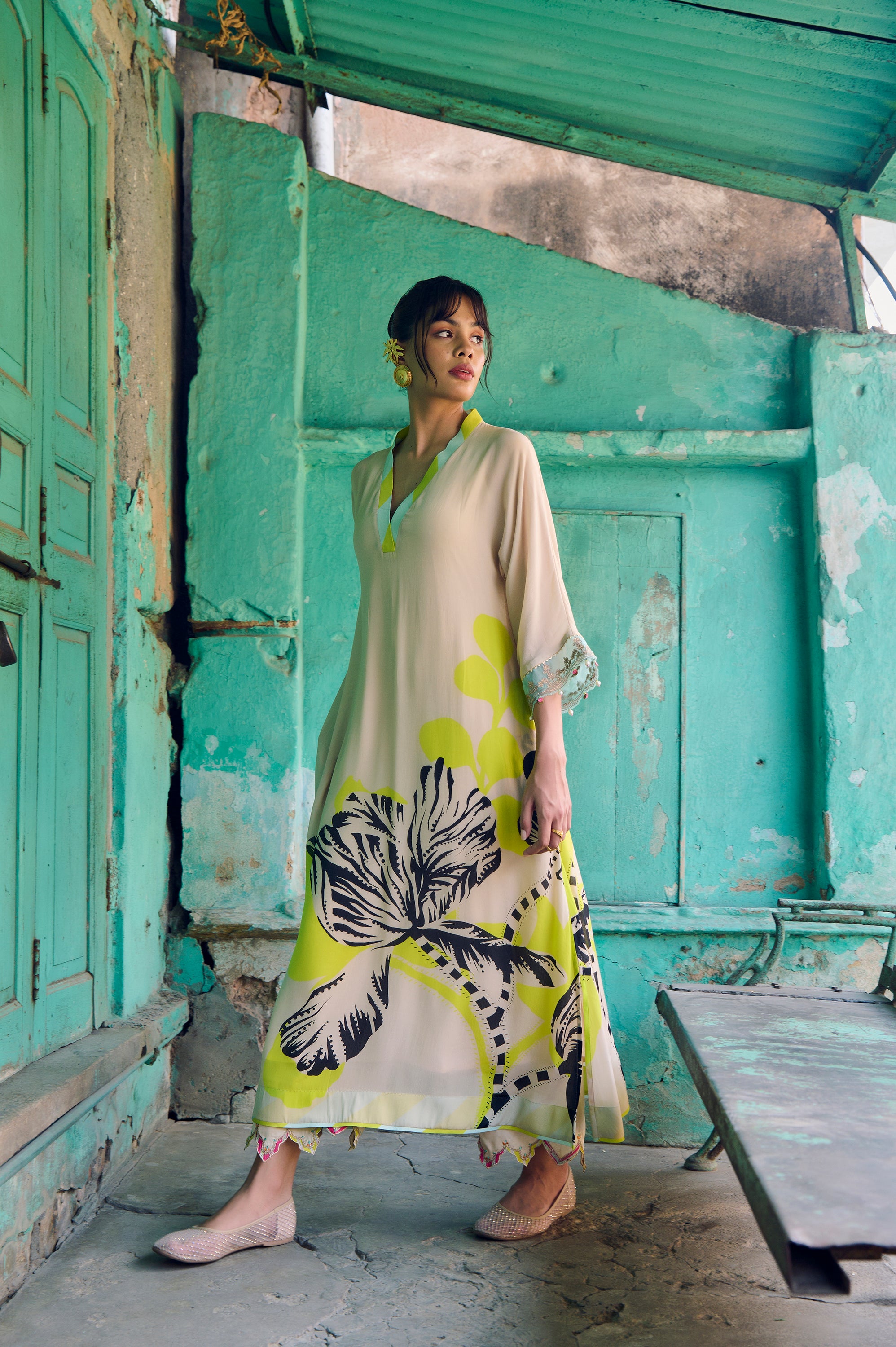 Safar Beige Flower Printed Kaftan Kurta Set
