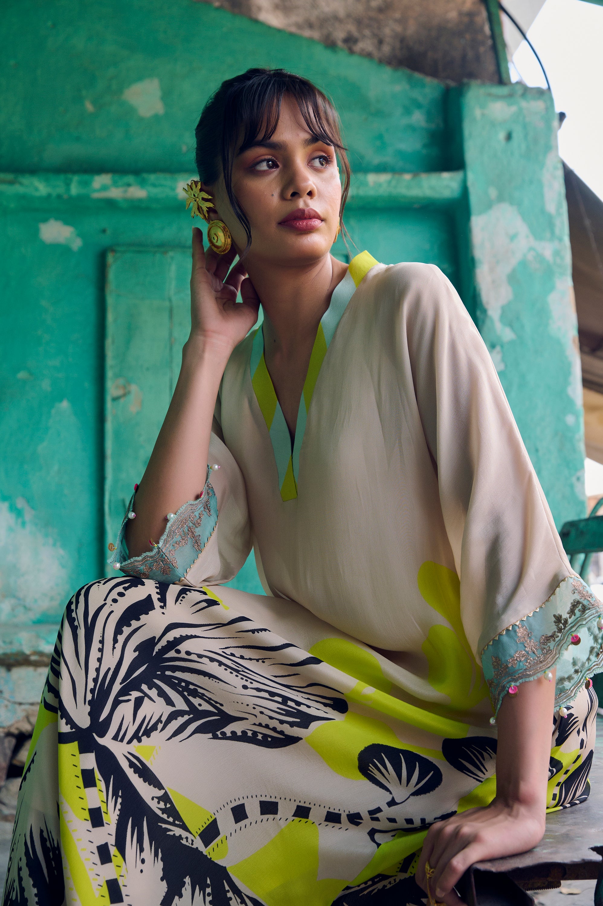 Safar Beige Flower Printed Kaftan Kurta Set
