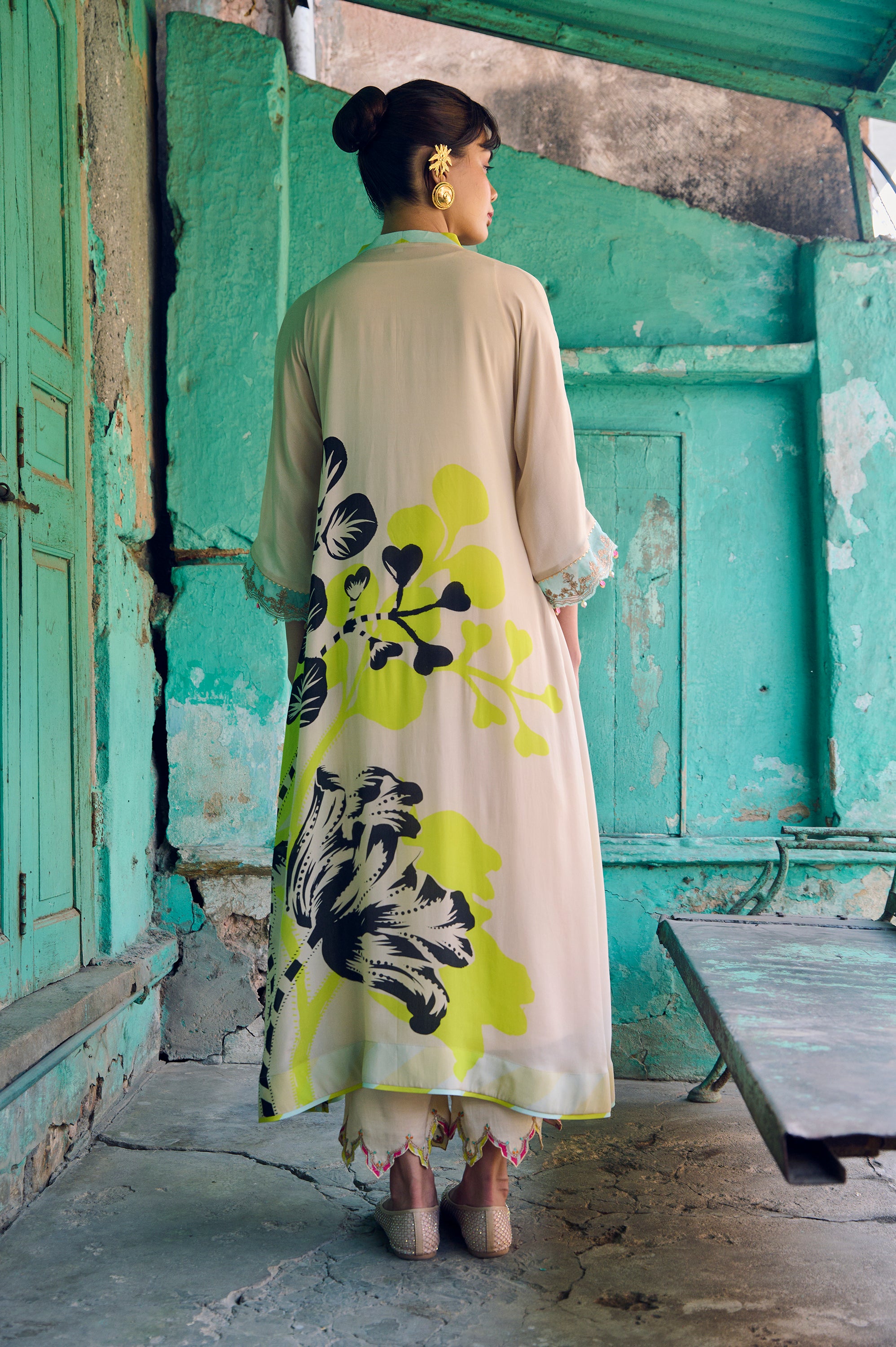 Safar Beige Flower Printed Kaftan Kurta Set