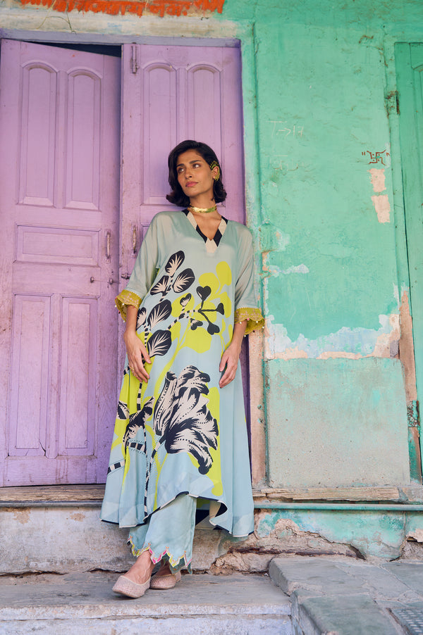 Safar Powder Blue Flower Printed Kaftan Kurta Set