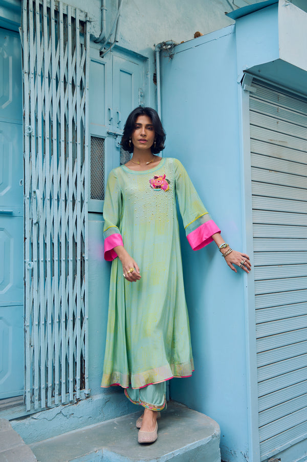 Safar P.Blue Floral Boota Side Pintuck Kurta Set