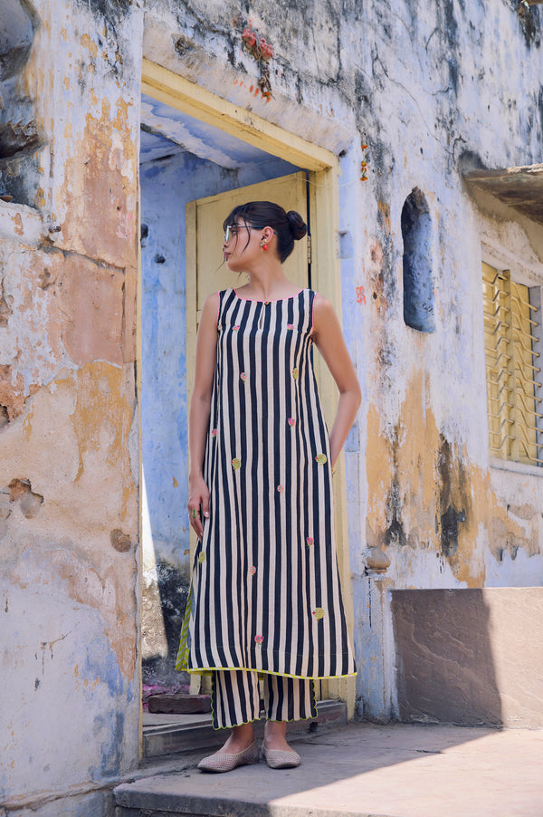 Safar Stripe Embroidered A-Line Kurta Set