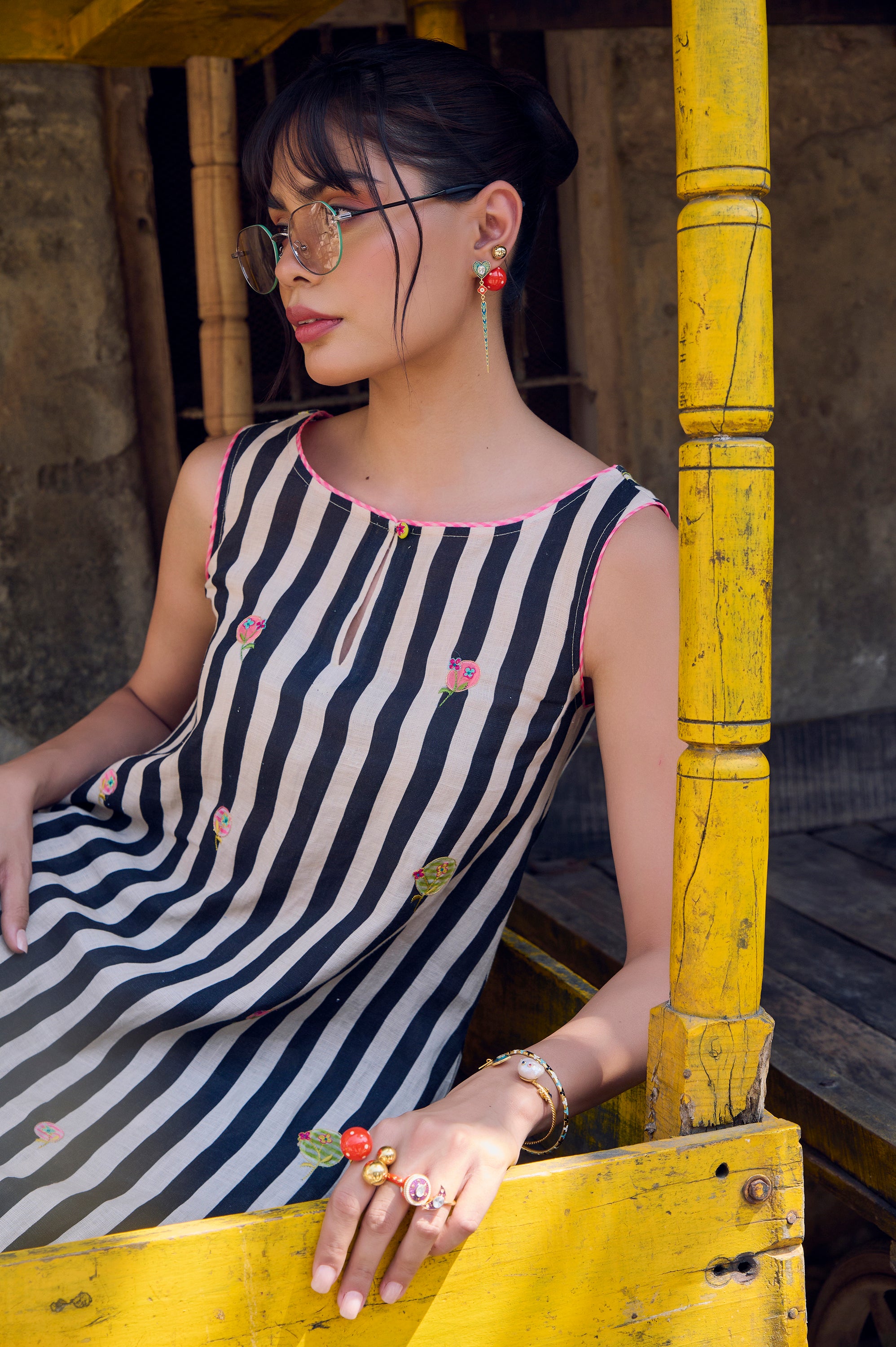 Safar Stripe Embroidered A-Line Kurta Set