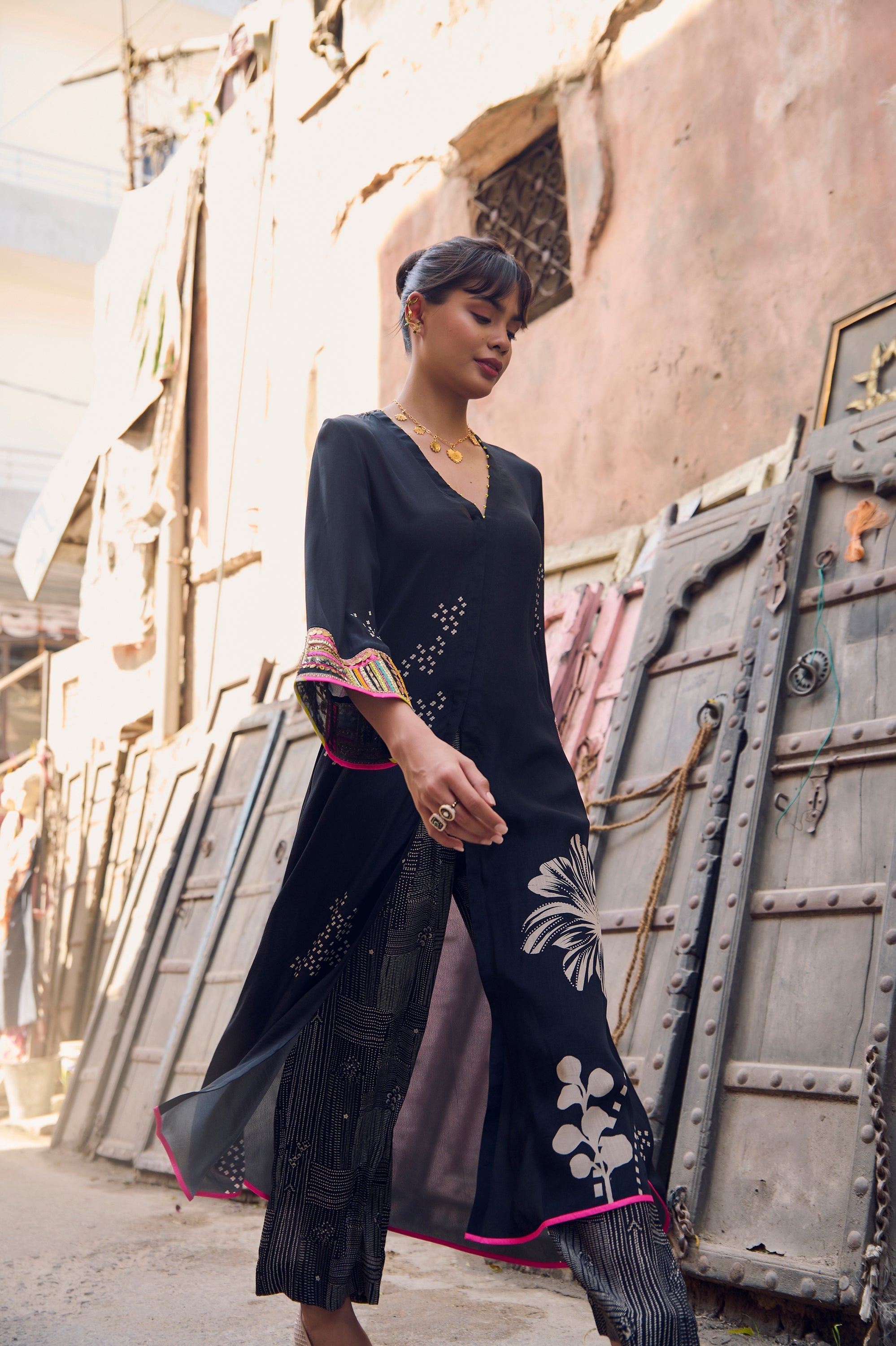 Safar Black Cuff Embroidered Jacket Kurta Set