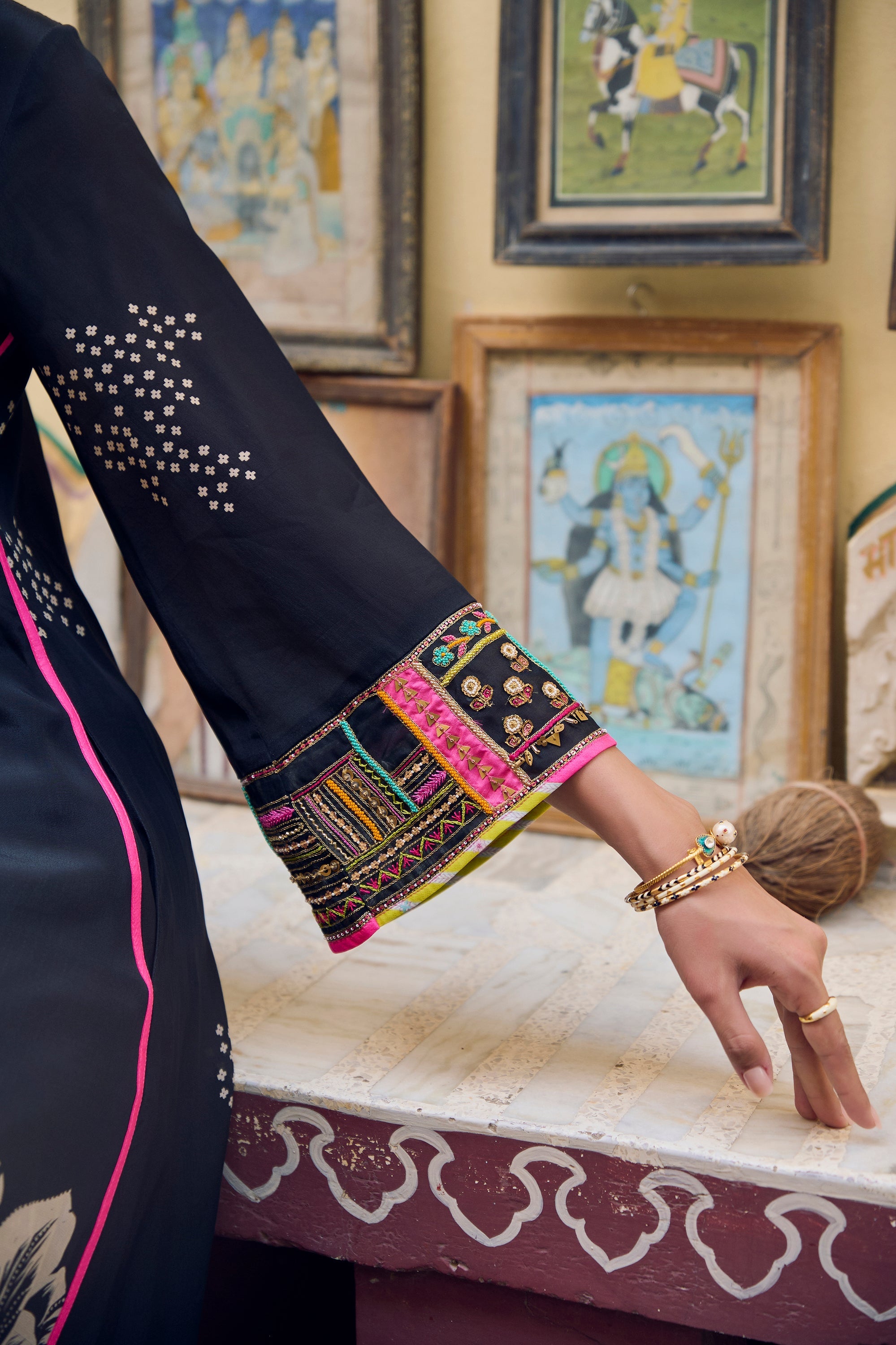 Safar Black Cuff Embroidered Jacket Kurta Set