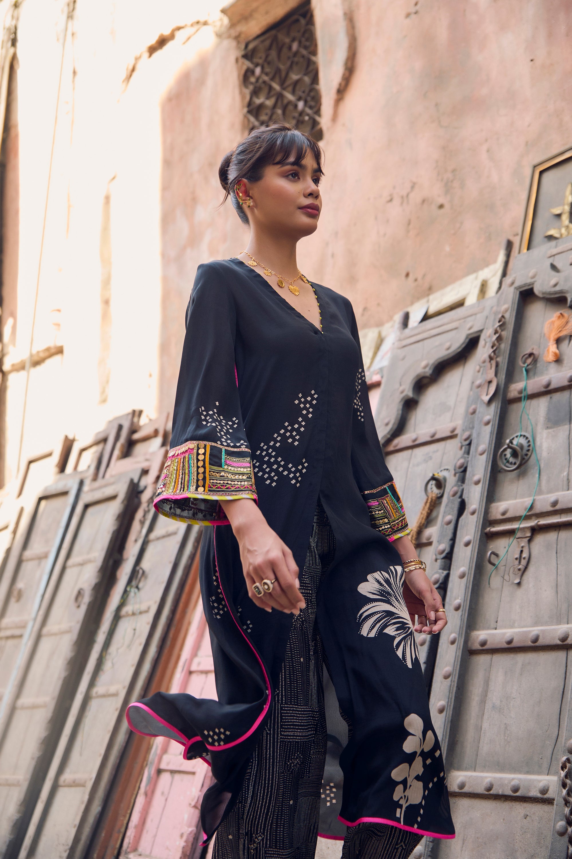 Safar Black Cuff Embroidered Jacket Kurta Set