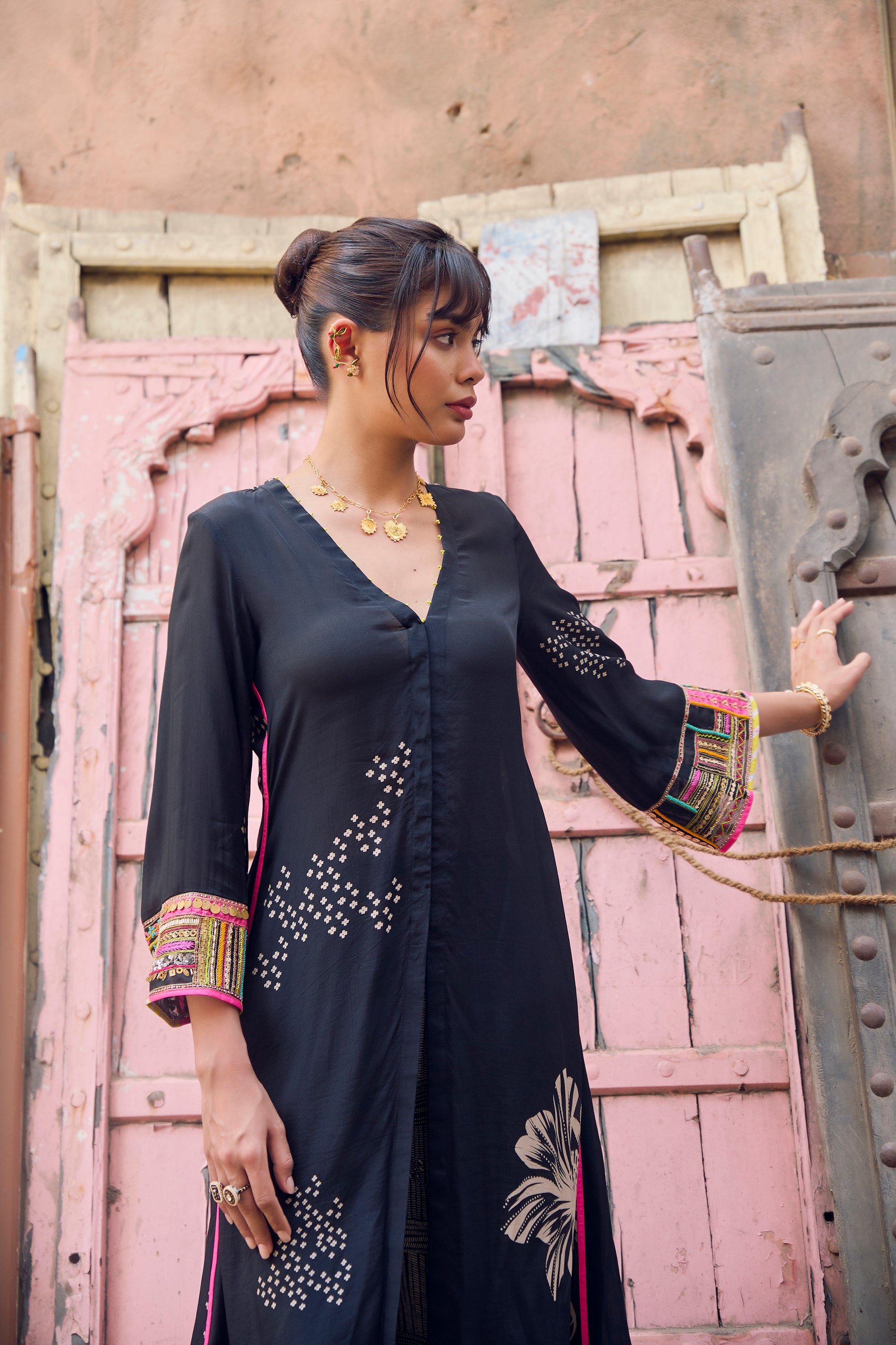 Safar Black Cuff Embroidered Jacket Kurta Set