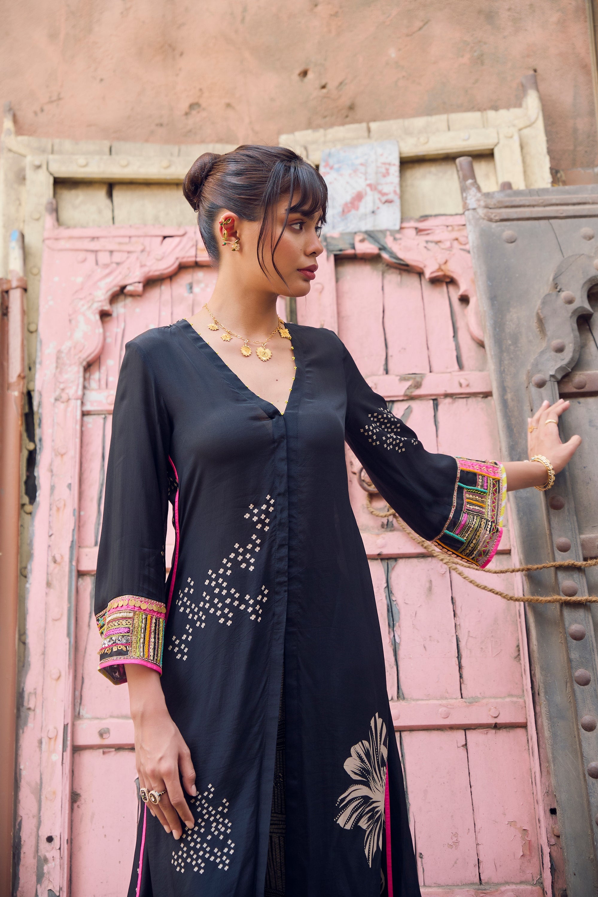 Safar Black Cuff Embroidered Jacket Kurta Set