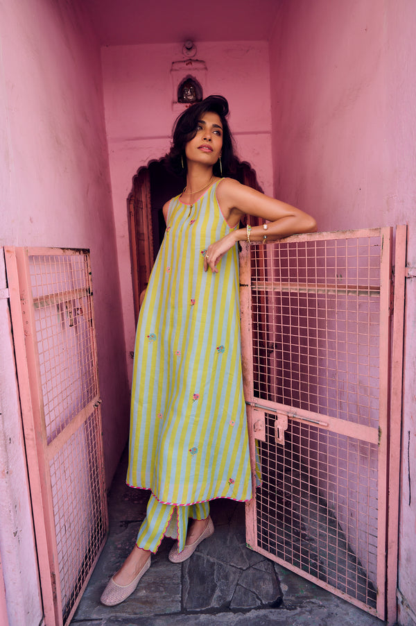 Safar Stripe Embroidered A-Line Kurta Set
