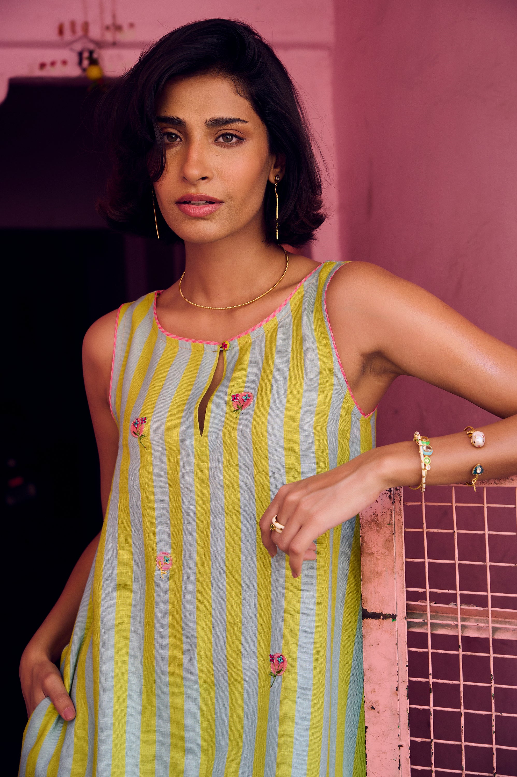 Safar Stripe Embroidered A-Line Kurta Set
