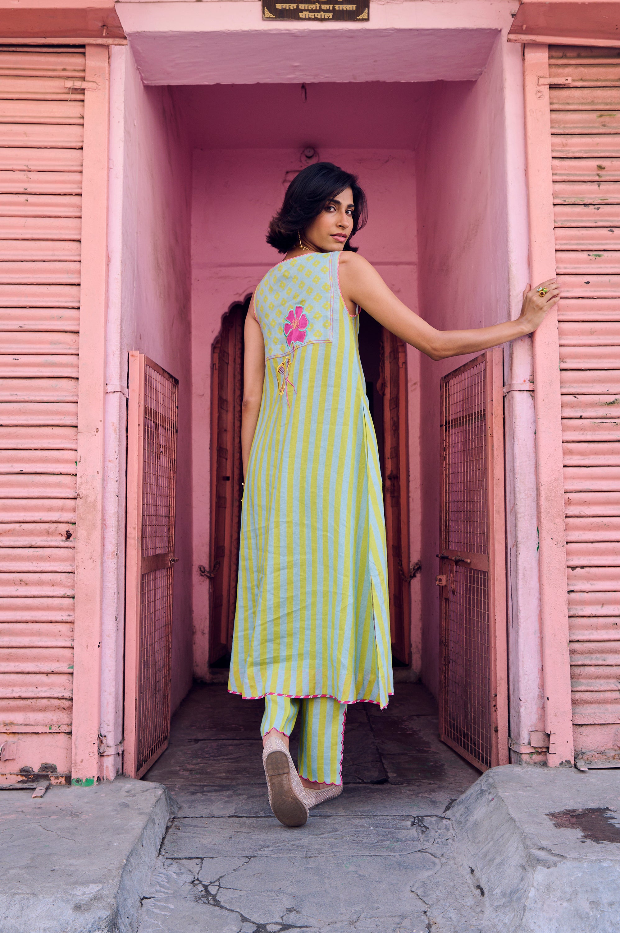 Safar Stripe Embroidered A-Line Kurta Set