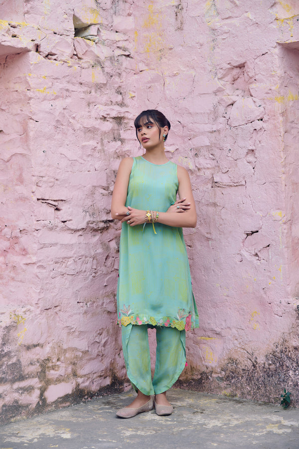 Safar Flower Embroidered P.Blue- Bright Lime Kurta With Dhoti
