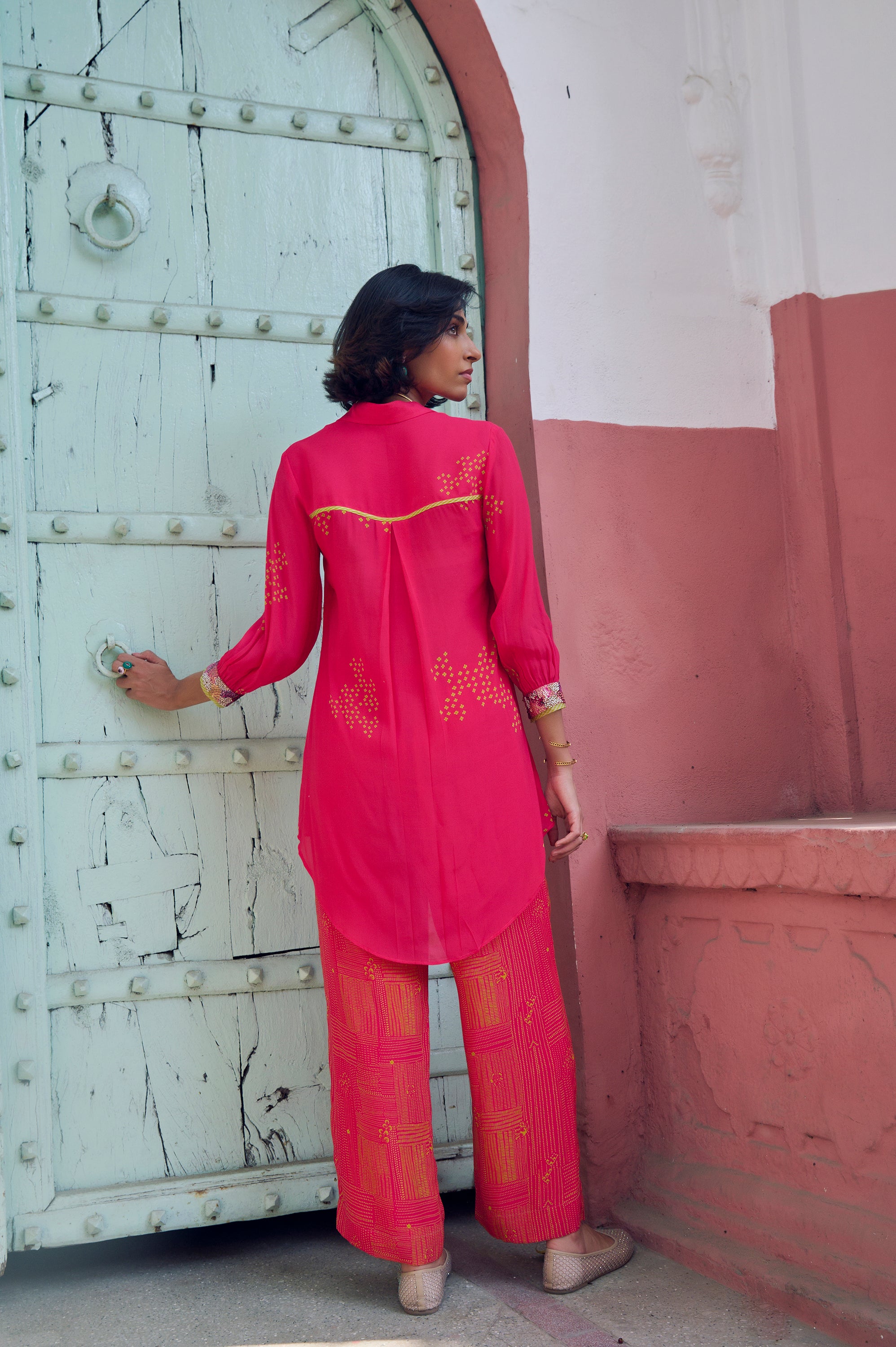 Safar Cuff Embroidered Hot Pink Shirt Co-Ord Set