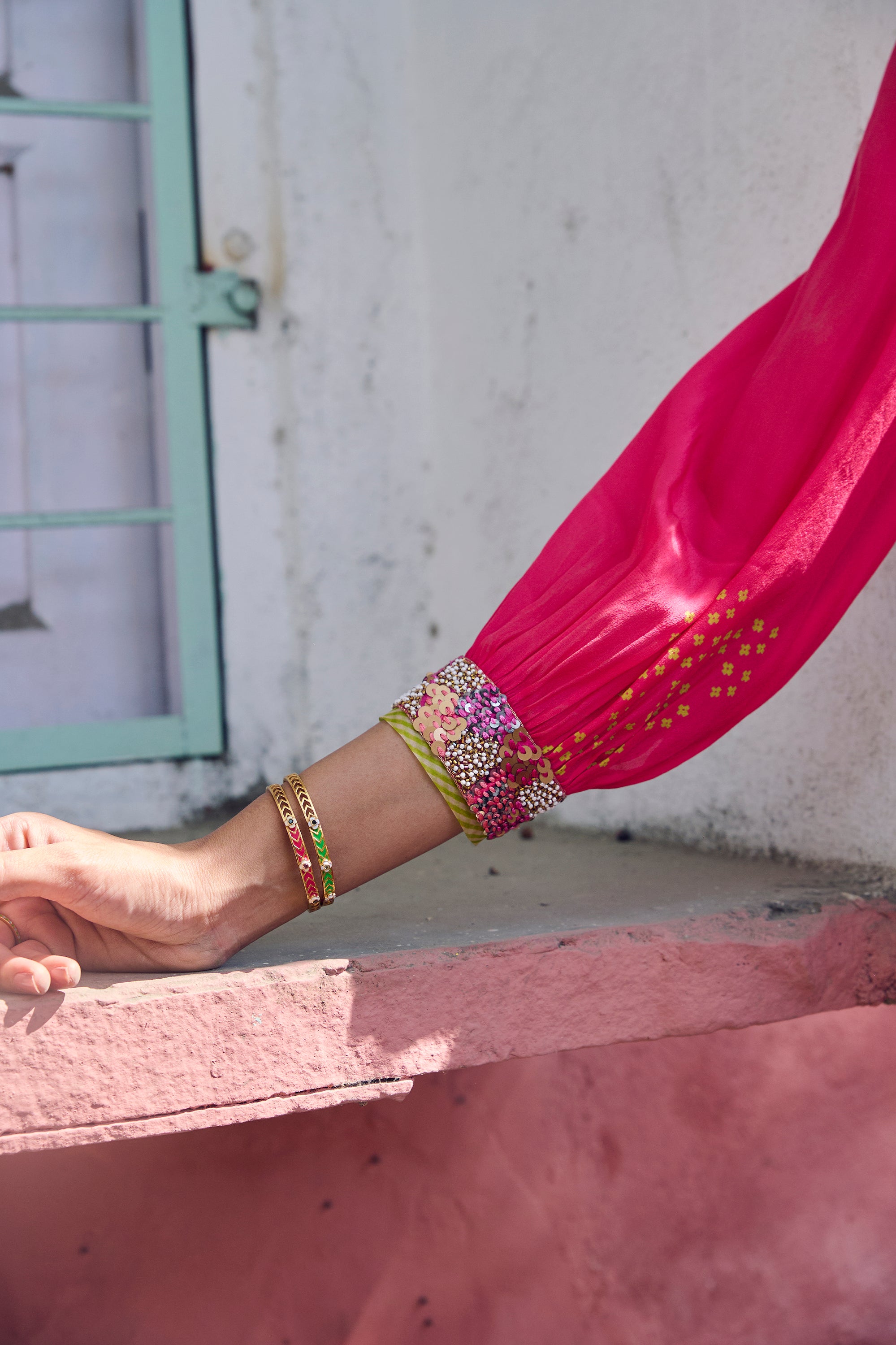Safar Cuff Embroidered Hot Pink Shirt Co-Ord Set