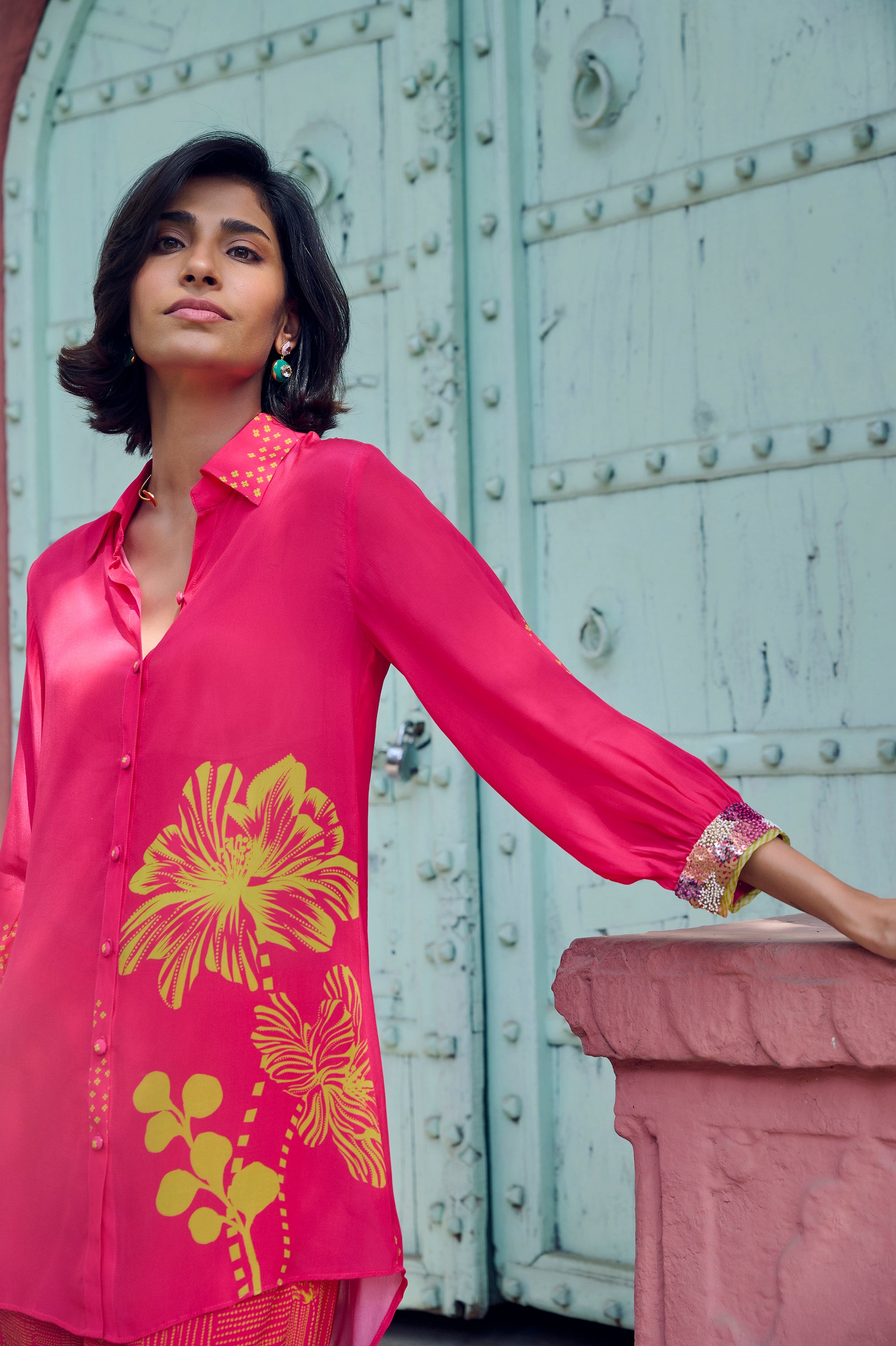 Safar Cuff Embroidered Hot Pink Shirt Co-Ord Set