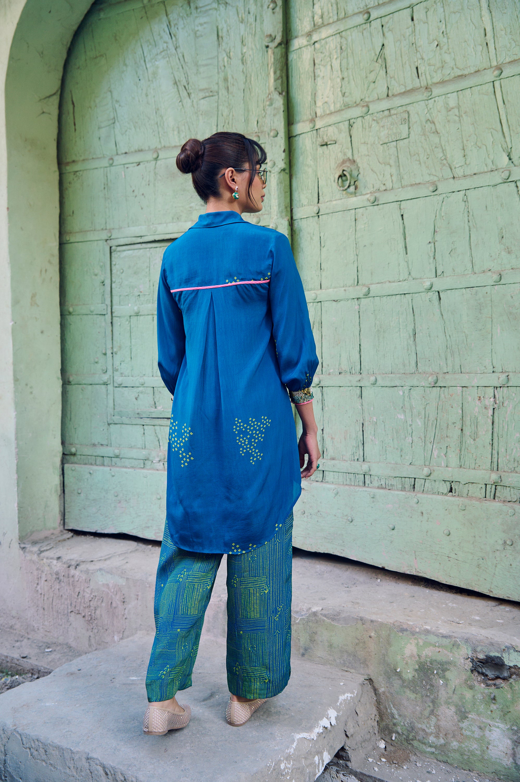 Safar Cuff Embroidered Teal Blue Shirt Co-Ord Set