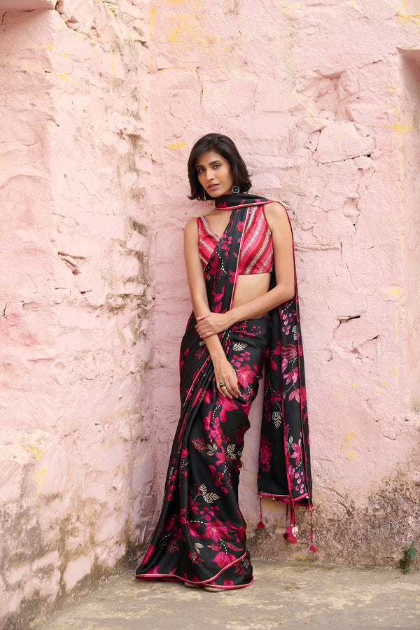 Safar Black Printed Saree With Embroidered Blouse