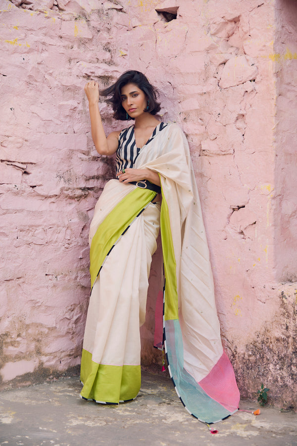 Safar Colorblock Chanderi Saree With Waistcoat Blouse