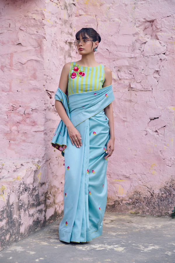 Safar Chanderi P.Blue Booti Embroidery Saree Set