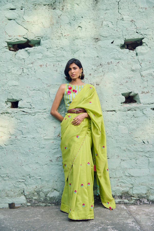 Safar Chanderi Bright Lime Booti Embroidered Saree With Flower Embroidered Stripe Blouse