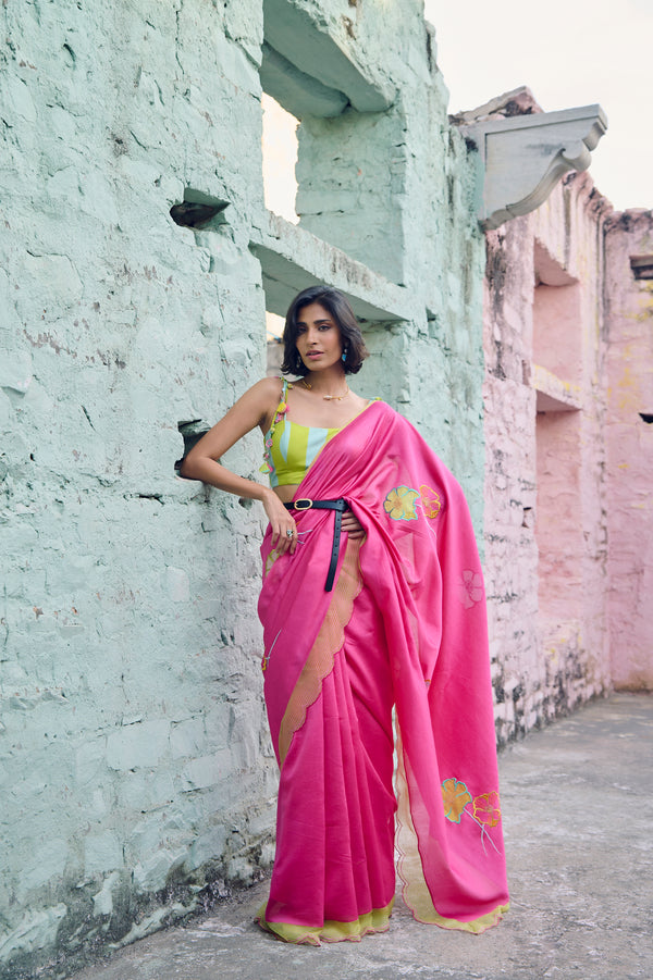 Safar Chanderi Hot Pink Embroidered Saree Set