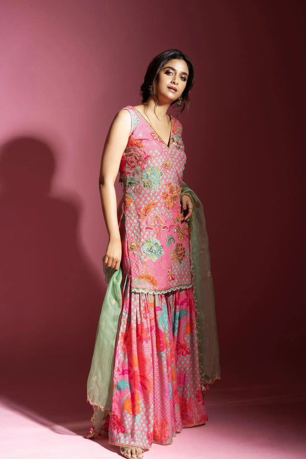 Keerthy Suresh Gul Bright Pink Floral Crepe Gharara Set