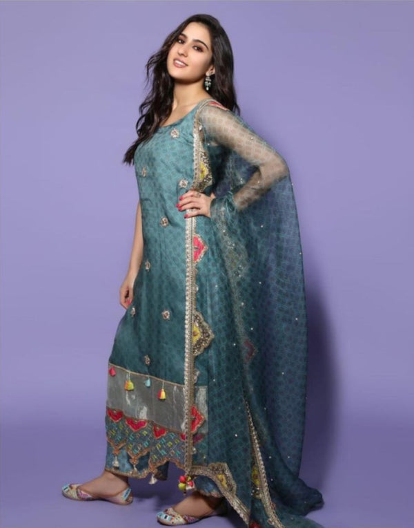 Sara Ali Khan Zahra Ice Blue  Printed Organza Panel Kurta Set