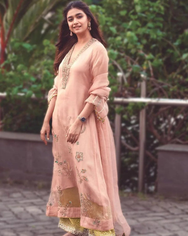 Kreethy Suresh Pastel Pink Jaal  Organza Kurta Set