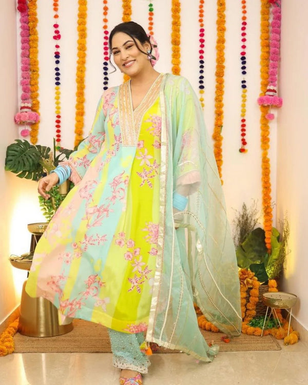 Sakshi Sindhwani Lime Yellow Orchid Front Pleat  Kurta Set