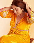 Mustard Yellow Bell Sleeve Shefali Shah Silk Velvet Kurta Set