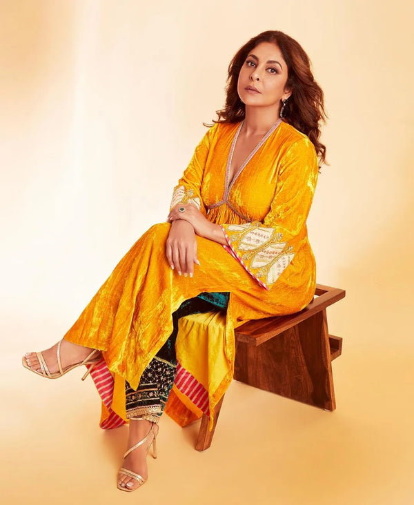 Mustard Yellow Bell Sleeve Silk Velvet Kurta Set