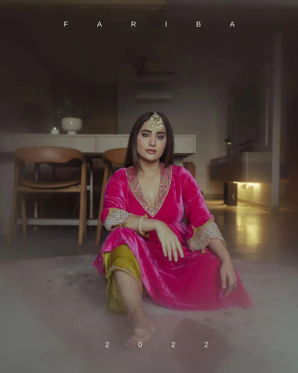 Kusha Kapila Fariba Hot Pink Bell Sleeve Velvet Kurta Set