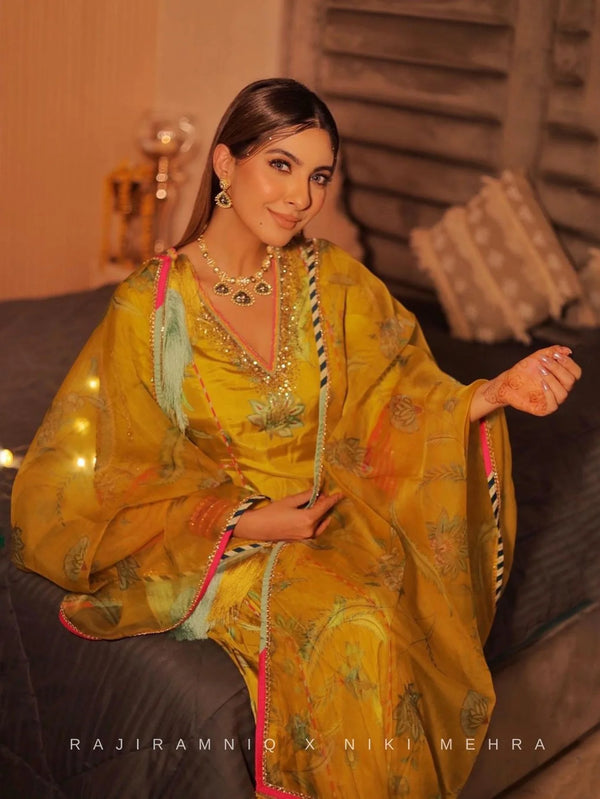 Fariba Lime Yellow Printed Niki Mehra Side Kali Kurta Set