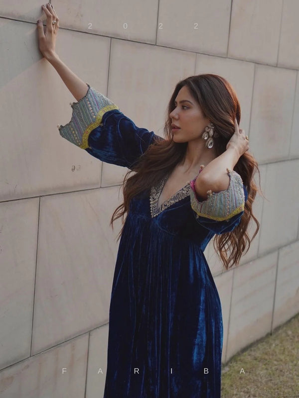 Sonam Bajwa Fariba Blue Bell Sleeve Velvet Kurta Set