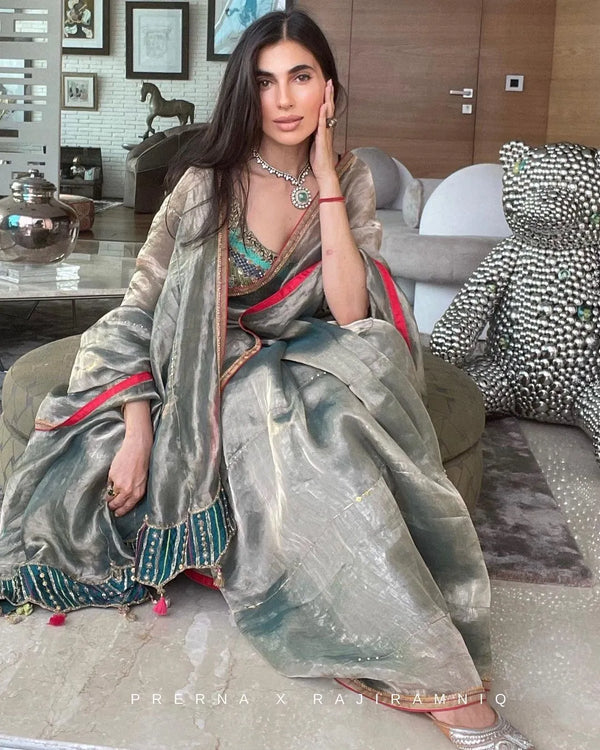 Prerna Goel Fariba Teal Tissue Sari Set