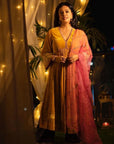 Mustard Yellow Bell Sleeve Eka Lakhani Silk Velvet Kurta Set