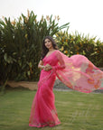 Gul Fushia Rose Pink Aishwariya Lekshmi Floral Printed Organza Sari