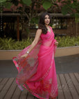 Gul Fushia Rose Pink Aishwariya Lekshmi Floral Printed Organza Sari