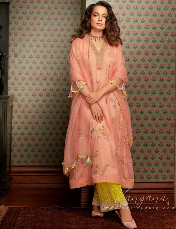 Kangana Ranaut Pastel Pink Jaal  Organza Kurta Set