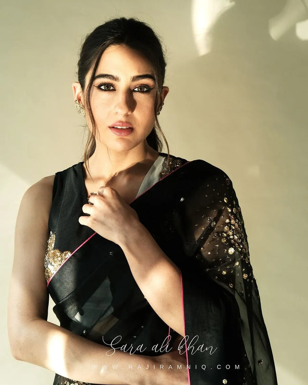 Sara Ali Khan Black Sequin Flower Sari with Waistcoat Blouse