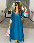 Mehal Kejriwal Teal Blue Silk Kaftan Kurta Set