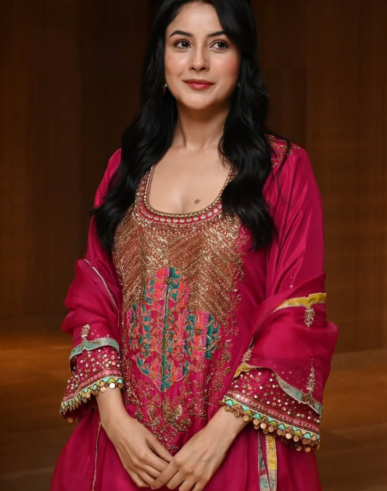Shehnaz Gill Ruby Magenta Yoke Boota Kurta set