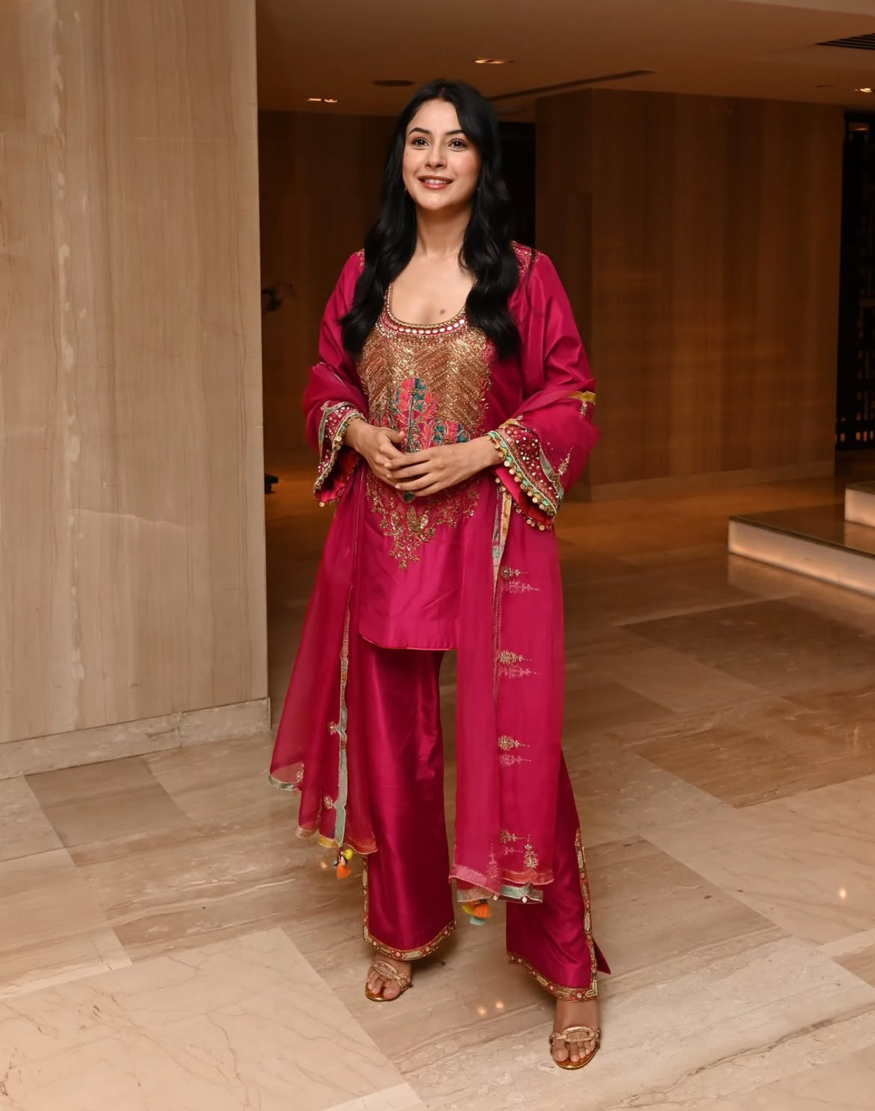 Shehnaz Gill Ruby Magenta Yoke Boota Kurta set