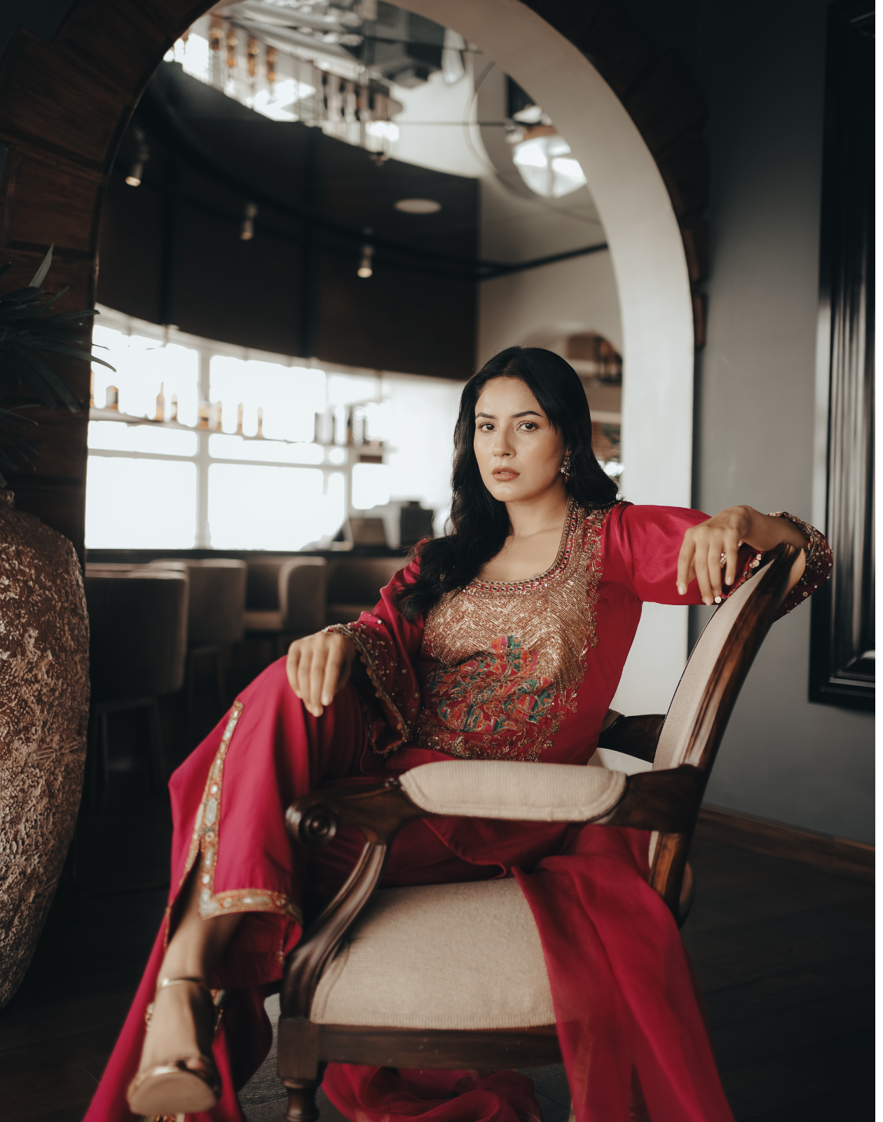 Shehnaz Gill Jester Red Yoke Boota Kurta set